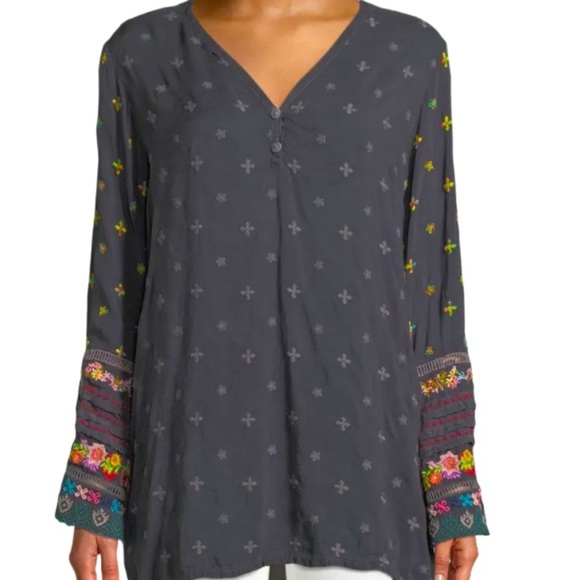 Johnny Was Tops - Johnny Was Embroidered Sleeve Grey Tunic Top XS-P